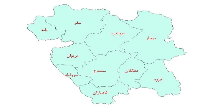 نقشه شیپ فایل شهرستانهای استان کردستان سال 1400